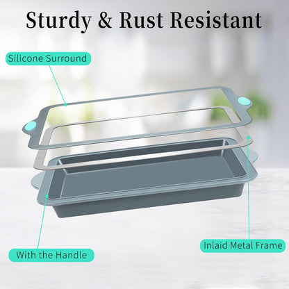 To encounter Silicone Baking Pans Set, 4 Pieces Nonstick Bakeware Set with Baking Pans, Baking Sheets, Cookie Sheets, Cake Pan with Metal Reinforced Frame More Strength, Light Grey