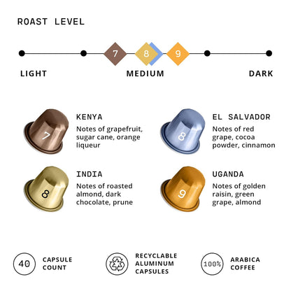 Atlas Coffee Club Espresso Pods Compatible with Nespresso Original– Medium Roast Variety Pack (40 Count)– Aluminum Capsules from Kenya, El Salvador, India & Uganda– Intensity 7–9