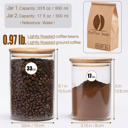 33 oz Glass Food Storage Jars with Airtight Lids, Clear Glass Jar with Bamboo Lid, Airtight Food Canister for Tea, Candy, Coffee, Sugar, Cookie, Snack. (Round | 5+6 Inch)