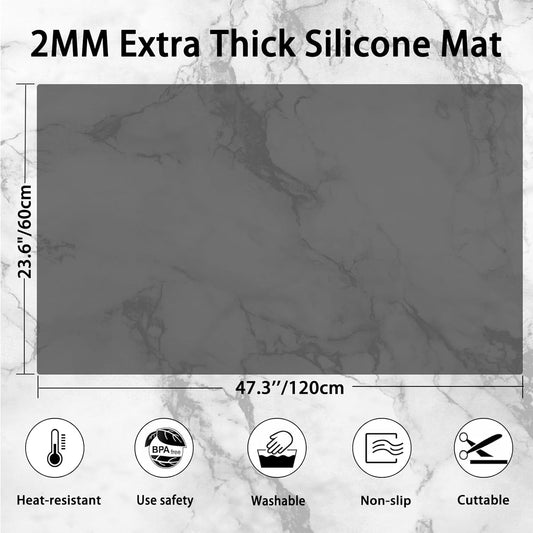 Silicone Mats for Kitchen Counter, 47.3"x23.6"(120cmx60cm) Large Heat Resistant Mat Kitchen Island Waterproof 2MM Thick Countertop Protector Mat Nons-slip Extra Large Counter Mat, Translucent Gray