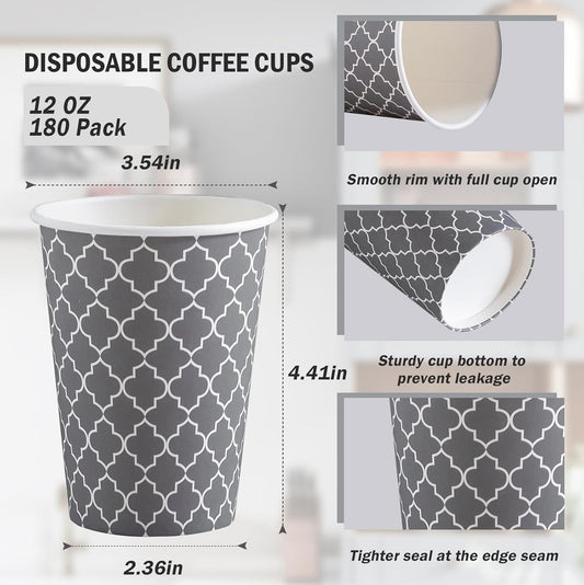 Lamosi Coffee Cups 12 oz 180 Pack, Disposable Paper Coffee Cups, Disposable Cups,12 oz Hot Cup,12oz Paper Insulated Cup for Cold Hot Drinks (No Lids)