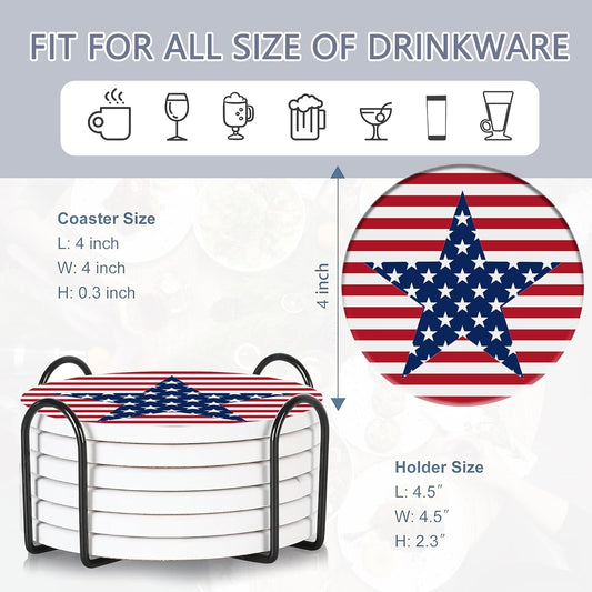 Drink Coasters Set of 6 with Holder, American Flag Eagle Absorbent Ceramic Drink Coaster for Tabletop Protection,Suitable for Kinds of Cups,Drinks Coasters for Home Office Decoration(4 Inches)