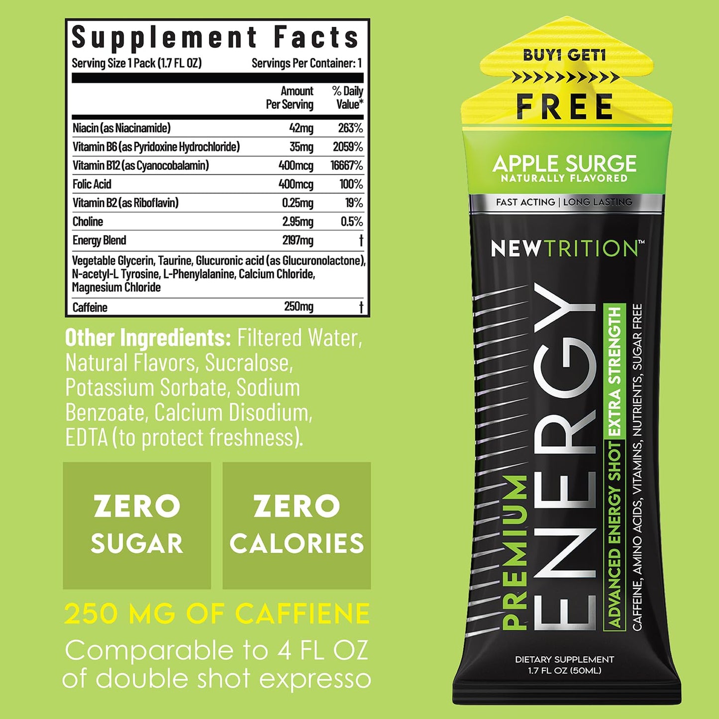 NewTrition® Extra Strength Energy Shots, 250mg Caffeine Energy Shots with Vitamin B & Amino Acids, Sugar-Free Vitamin Energy Shot, 1.7 fl oz (Pack of 12, Apple Surge)