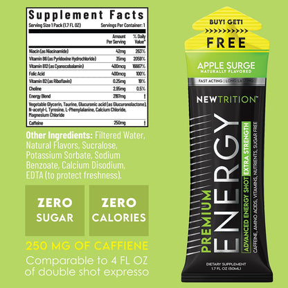 NewTrition® Extra Strength Energy Shots, 250mg Caffeine Energy Shots with Vitamin B & Amino Acids, Sugar-Free Vitamin Energy Shot, 1.7 fl oz (Pack of 12, Apple Surge)
