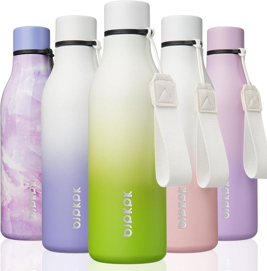 BJPKPK Insulated Water Bottles, 18 oz Stainless Steel Metal Water Bottle with Strap, BPA Free Leak Proof Thermos, Mugs, Flasks, Reusable Water Bottle for Sports & Travel, Elegant Green