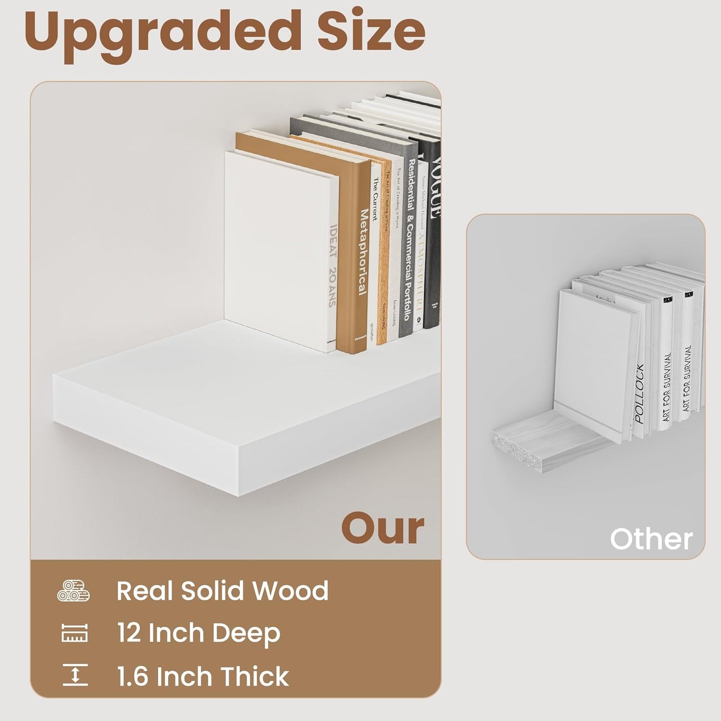 White Floating Shelves 24 Inch Long, 9.3 Inch Deep Floating Shelves for Wall, Rustic Solid Wood Shelves, Deep Wall Shelves for Living Room, Bedroom, Kitchen, 24"W x 9.3"D x 1.6"H, Set of 2
