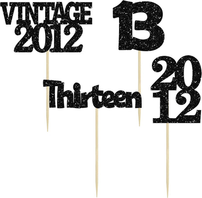 Gyufise 24Pcs 13th Birthday Cupcake Toppers Glitter Thirteen Vintage 2012 Official Teenager 13 Cupcake Picks 13 Years Birthday Cake Decorations for Happy 13th Anniversary Party Supplies Black