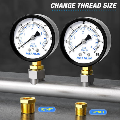 MEANLIN MEASURE 1/4" NPT 0-60Psi 2" Dial Face Well Pump Pressure Gauge, Lower Mount, Suitable for Water, Oil, Air Pressure Testing