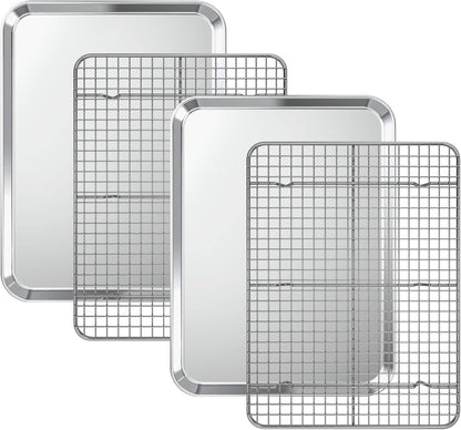Baking Sheet with Cooling Rack Set [2 Sheets + 2 Racks], Deedro Stainless Steel Cookie Half Sheets Baking Pan Oven Tray with Rack, 16 x 12 x 1 Inch, Heavy Duty, Non-toxic, Dishwasher Safe