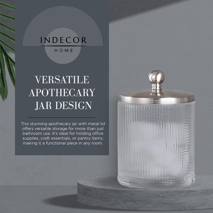 Glass Jar with Metal Lid for Bathroom Organization, Clear Apothecary Jar for Cotton Balls, Q Tips, and Small Accessories, Stylish Bathroom Storage Container Nickel, Clear