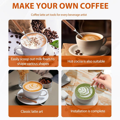 2 Pcs Latte Art Tools, Stainless Steel Coffee Pen with Wood Handle, Double-Ended Design for Precise Latte Cappuccino Macchiato Espresso Art, Suitable for Home and Cafe Barista Use
