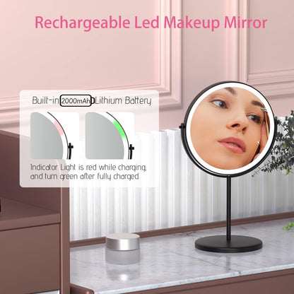 8” Lighted Makeup Mirror, 1X 10X Magnifying Mirror with Light, Double Sided Vanity Mirror with Lights, 3 Color LED Dimmable 2000mAh Rechargeable Black