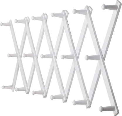 Dseap Accordian Wall Hanger: 16” High Wooden Wall Expandable Coat Rack, Hat Rack Holder, Accordion Hook for Baseball Caps, Coats, Mugs, 17 Peg Hooks, White