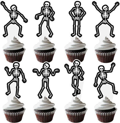 Dancing Skeleton Halloween Cupcake Toppers 48PCS Black Skull Party Cake Decorations Skeleton Cupcake Picks Halloween Birthday Party Decorations for Horror Theme Party Baby Shower Supplies
