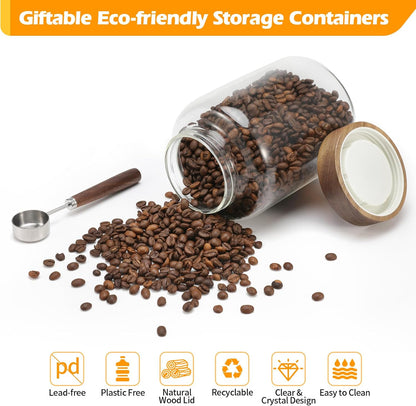 Large Glass Coffee Jars with Spoons 60 oz /1800ml, Round Storage Canister with Wooden Lid Clear Glass Food Jar for Pantry Sugar Tea Coffee Bean Spice Nuts Cookies Bath Salts (1800ml/60oz)