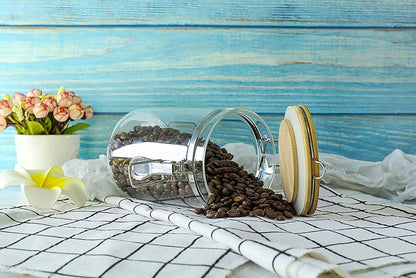 Set of 5 Borosilicate Glass Sugar Packet Holder Food Storage Jar Containers with Airtight Bamboo Clamp Lid, Airtight Canisters for Kitchen Bathroom and Pantry Organization, Cookie Jars for Flour