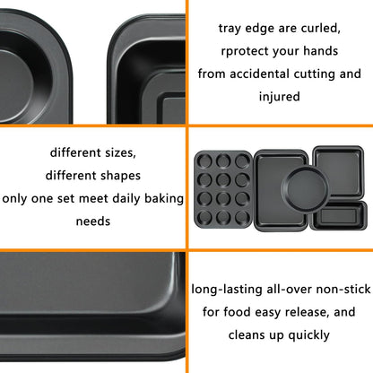 Kitchen 5-Piece Nonstick Bakeware Set - Round/Square Cake Pans, Muffin Pan, Loaf Pan, Roast Pan & Baking Sheets