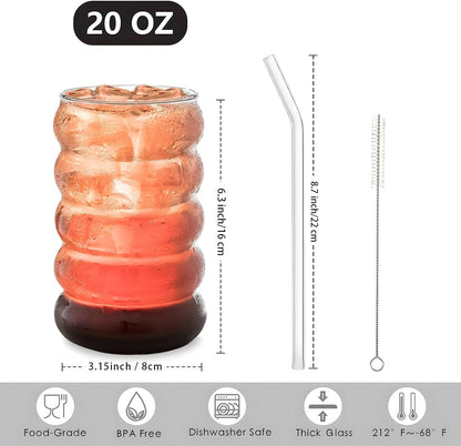 4 Pcs 20oz Drinking Glasses Set with Bamboo Lids and Straws, Cute Iced Coffee Glass Cups, Iced Coffee Tumblers, Thick Drinking Jars for Smoothie, Boba Milk Tea, Ideal for Gift, with Straw Brush