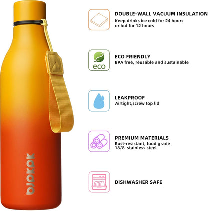 BJPKPK Insulated Water Bottles, 25 oz Stainless Steel Metal Water Bottle with Strap, BPA Free Leak Proof Thermos, Mugs, Flasks, Reusable Water Bottle for Sports & Travel, Sunset Orange
