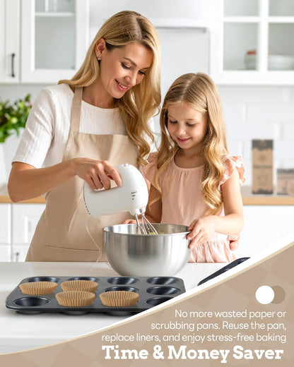 2 Pack Muffin Pan for Baking, Standard Cupcake Pan includes 100 Natural Cupcake Liners, Muffin Tin Nonstick 12 Cup, Baking Pans Set, Carbon Steel Baking Supplies
