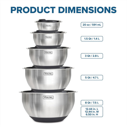 Viking Mixing Bowls Set, 10 Piece Stainless Steel Kitchen Cookware, Non-Slip Silicone Base, Includes Tight Fit Lids, Dishwasher Safe, Black