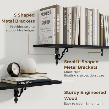 RICHFOCUS Floating Shelves for Wall Decor, 55.1W x 8D Wall Shelves Set of 2, 8 Inch Deep Rustic Wood Shelves Wall Mounted with Brackets, Long Floating Shelves for Living Room Bedroom Kitchen, Black