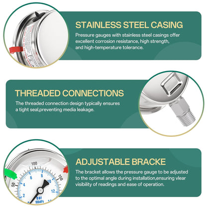 0-200PSI Stainless Steel Liquid Filled Pressure Gauge, 2.5" Dial Size, 1/4" NPT 316 Stainless Steel Joint, Lower Mount, for Tube, Water Pump, Gas, Liquid (with Range Mark Pointer)