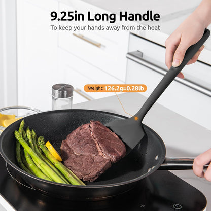 600ºF Heat Resistant Silicone Turner: U-Taste 13.6in Solid Kitchen Spatula Flipper, Food Grade Flexible & Thin Rubber Seamless Cooking Utensil for Flipping Egg, Pancake in Nonstick Cookware (Black)