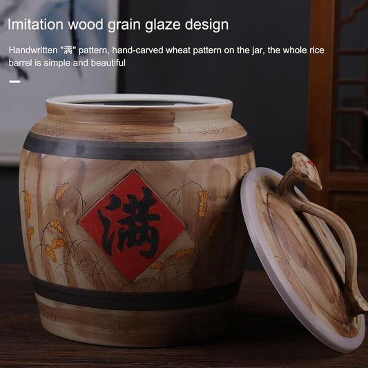 Ceramic Rice Storage Container Sealed Rice Bucket, Grain Dispenser Food Storage Jars, Chinese Jar Ceramic Decorative, for Cereal, Flour, Sugar, Coffee, Rice(28 * 23cm/11 * 9in)