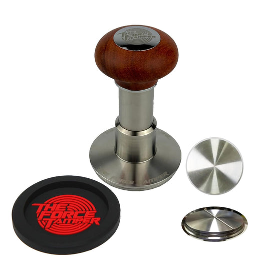 The Force Tamper Automatic Impact Adjustable Constant Pressure and Autoleveling Coffee Tamper Reddish Brown Jellyfish Wooden Handle Set Pro (Flat-Distribute Set, 58.50mm)