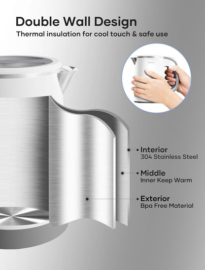 Sekaer Small Electric Tea Kettle Stainless Steel 0.8L Portable Travel Hot Water Boiler, Mini Electric Coffee Kettle with Auto Shut-Off & Boil Dry Protection, Cordless Base & White