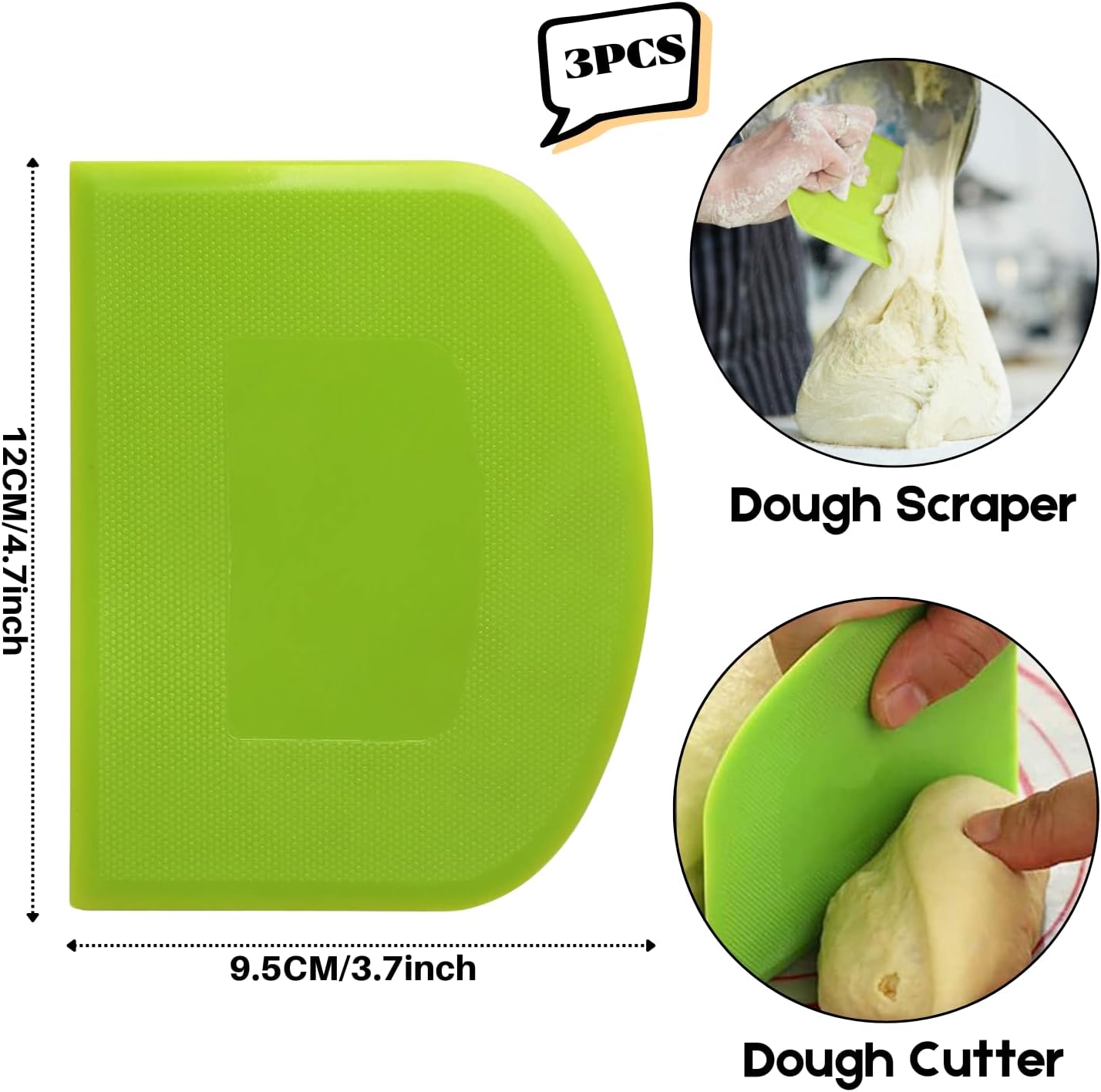 SURDOCA Dough Scraper Bench Scraper - 3P 4.7x3.7" Plastic Flexible Bowl Scraper, Sharp Edge & Angles Cake Scraper. Non-Slip Bakeware Decorating Tools Sculpting & Modeling Tools - White+Yellow+Green