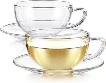 Teabloom Kyoto Teacup and Saucer Set 2-Pack – Standard Teacup Size – 6 OZ/ 180 ML Capacity – Crystal Clear Design –– Premium Borosilicate Glass – Heat Resistant, Microwave Safe