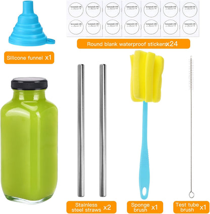 CUCUMI 24pcs 16oz Glass Juice Bottles with Lids, Reusable Vintage Glass Drinking Bottles with Blank Labels, Brush, Straws, Funnel for Storing Tea, Kombucha, Milk