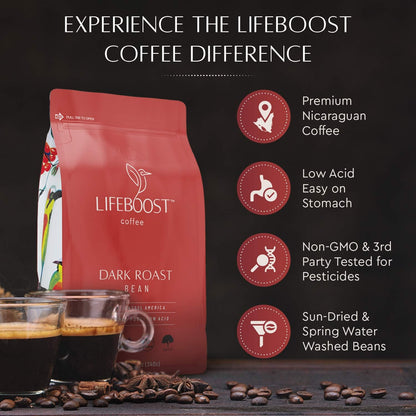 Lifeboost Dark Organic Coffee Beans - Single Origin Non-GMO Dark Roast Low Acid Coffee Beans - Third Party Tested For Mycotoxins & Pesticides - Whole Bean - 12 Ounces