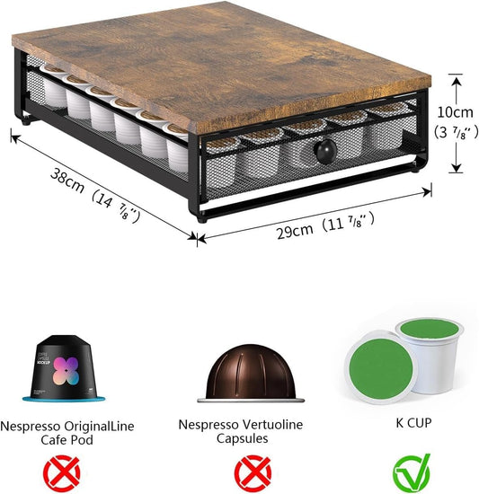 K Cup Organizer, Coffee Pod Holder Rack, Under Cabinet Pod Holder with Sliding Drawer holds up to 35 K-Cup Pods, No Assembly Needed, Rustic Brown