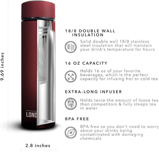 London Sip Multi-Purpose Travel Mug and Tumbler Fruit Infused Flask Hot and Cold Double Wall Stainless Steel Thermos with Extra-Long Infuser, Sacred Red, Pack of 2