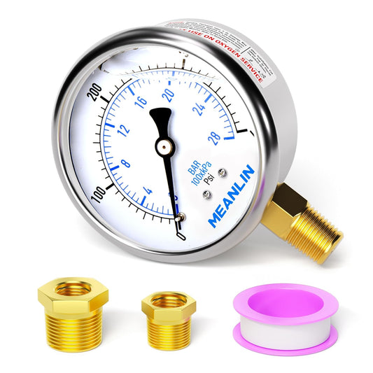 MEANLIN MEASURE 0~400Psi Stainless Steel 1/4" NPT 2.5" FACE DIAL Liquid Filled Pressure Gauge WOG Water Oil Air Lower Mount, with 1/4" x 1/2" NPT and 1/4" x 3/8" NPT Hex Bushing