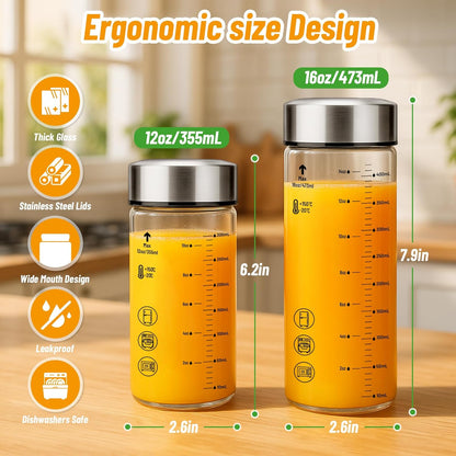 12oz Glass Water Bottles with Lids, 4 Pack Reusable Wide Mouth Juice Bottles with Stainless Steel Caps, Leakproof Borosilicate Glass for Juicing, Smoothies & Storage, BPA-Free,Dishwasher Safe