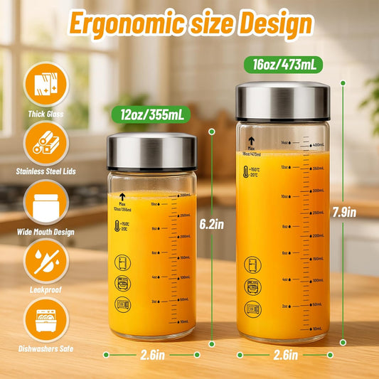 12oz Glass Water Bottles with Lids, 4 Pack Reusable Wide Mouth Juice Bottles with Stainless Steel Caps, Leakproof Borosilicate Glass for Juicing, Smoothies & Storage, BPA-Free,Dishwasher Safe