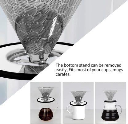 LHS Pour Over Coffee Dripper Reusable Coffee Filter Metal Cone Filter Paperless Coffee Filter Stainless Steel Pour Over Coffee Maker Single Cup Brew Coffee Filter, Double Mesh
