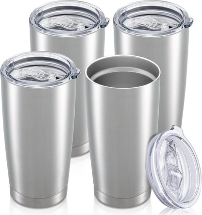 20 oz Tumbler with Lid Stainless Steel Insulated Tumblers Bulk Double Wall Vacuum Cups Powder Coated Travel Mug Keep Drinks Cold and Hot, Stainless Steel, 4 Pack
