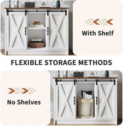 4 EVER WINNER Coffee Bar Cabinet with Sliding Barn Doors, 42”Farmhouse Buffet Cabinet with Storage for Kitchen, Coffee Bar with Adjustable Shelf for Dining Room, White