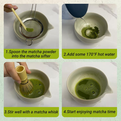 Matcha Whisk Set – 5 Pcs Matcha Set Whisk and Bowl with Spout, Bamboo Scoop, Sifter & Holder – Ru Kiln Matcha Bowl Japanese Tea Kit for Gifts, Home Use & Ceremonial Rituals (White)