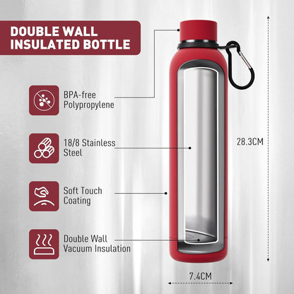 Slim Insulated Water Bottles for Travel 25oz with Clip, Double Wall Vacuum Stainless Steel Water Bottle Keeps Drinks Cold 24 Hrs/Hot 12 Hrs, 100% Leakproof, BPA Free（Red）