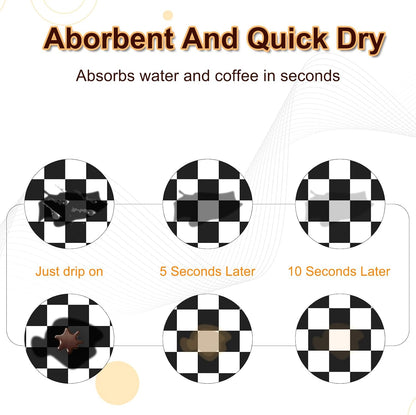 Dish Drying Mat for Kitchen, 15.7'' x 23.6'' Coffee Bar Mat for Countertops, Checkered Coffee Station Mats with Non-slip Rubber Backed, Absorbent Dish Dying Mat for Kitchen Counter, Black & White