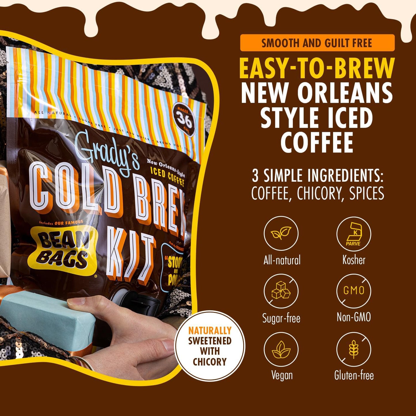 GRADY'S COLD BREW, French Vanilla, 100% Arabica Ground Coffee & Chicory Pouches, All-in-One Cold Brew Kit with 12 Easy-to-Brew Bags, Makes 36 Drinks
