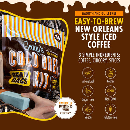 GRADY'S COLD BREW, French Vanilla, 100% Arabica Ground Coffee & Chicory Pouches, All-in-One Cold Brew Kit with 12 Easy-to-Brew Bags, Makes 36 Drinks