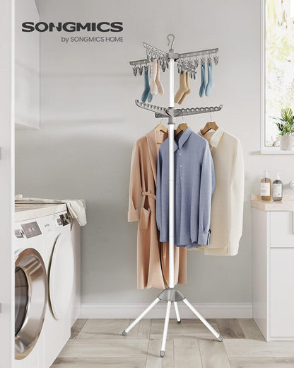 SONGMICS 2-Tier Clothes Drying Rack, 72-Inch Folding Laundry Drying Rack with 3 Rotatable Arms for Hangers, 24 Clips, Stainless Steel, for 27 Pieces of Clothes, Gray and White ULLR512G01