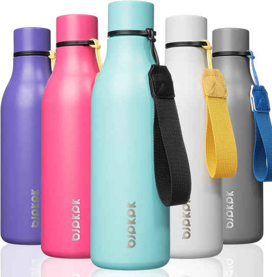 BJPKPK Insulated Water Bottles, 18 oz Stainless Steel Metal Water Bottle with Strap, BPA Free Leak Proof Thermos, Mugs, Flasks, Reusable Water Bottle for Sports & Travel, Turquoise